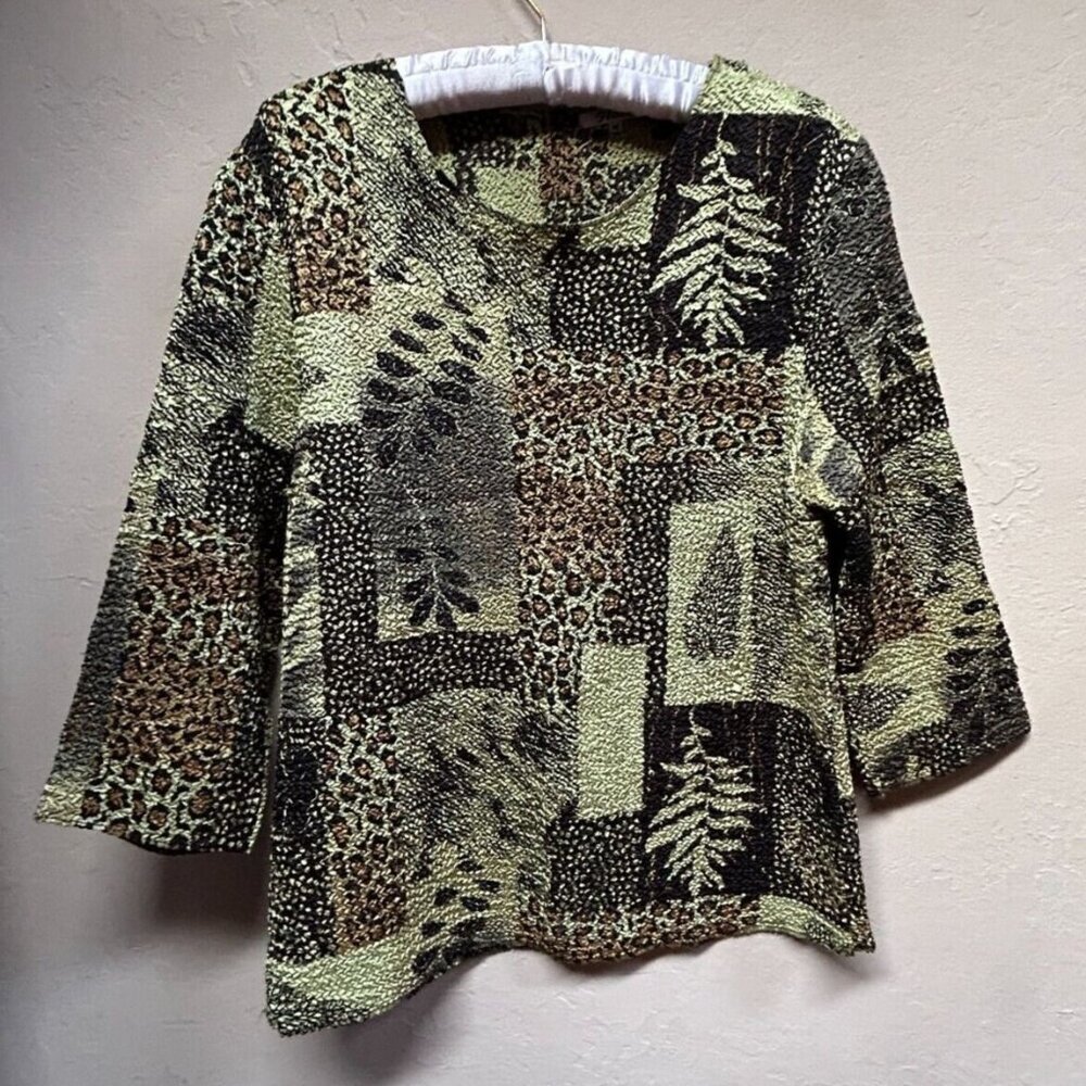 Flair Womens Medium Crinkle Top Patchwork Leopard Leaf 3/4 Sleeve Blouse Casual